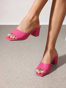 Women Chunky Low Heel Mule Sandals, Comfortable Square Open Toe Slide Sandals Slip On, Versatile Minimalist Chunky Heel Sandals For Summer Spring Casual Wearing - 玫紅色 - 查看 2