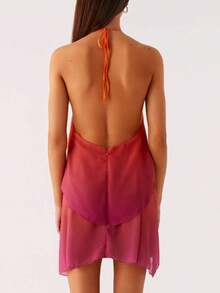 Women Ruffle Halter Neck Mini Dress Sheer Mesh Layered Open Back Dress Y2K Tiered Tie Back Going Out Dresses - 橘色 - 查看 2
