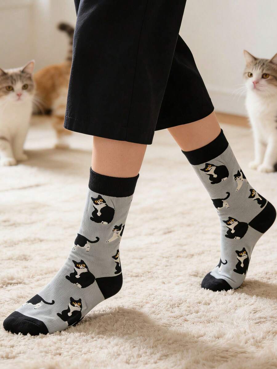 1 Paio di Calzini Unisex Casual Carini a Motivo di Gatto Grigio, Adatti per la Casa, Tutte le Stagioni, per Uomo e Donna - Grigio - Visualizzare 1