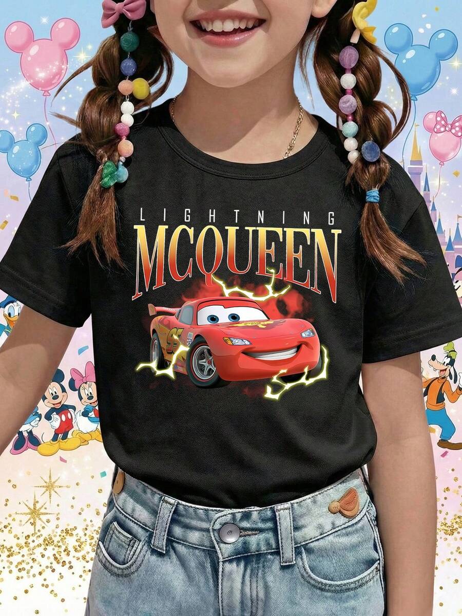 Disney Cars Lightning McQueen Red Text & Thunder Bolts Graphic Printed Pattern T-Shirts For Girls - Children's Clothing Design Short-Sleeved Casual And Cute Style Comfortable And Casual Wear All Year Round Suitable For Parties And Play Machine Washable Gift Children's Clothing Girls' Short-Sleeved Shirts - 黑色 - 查看 1