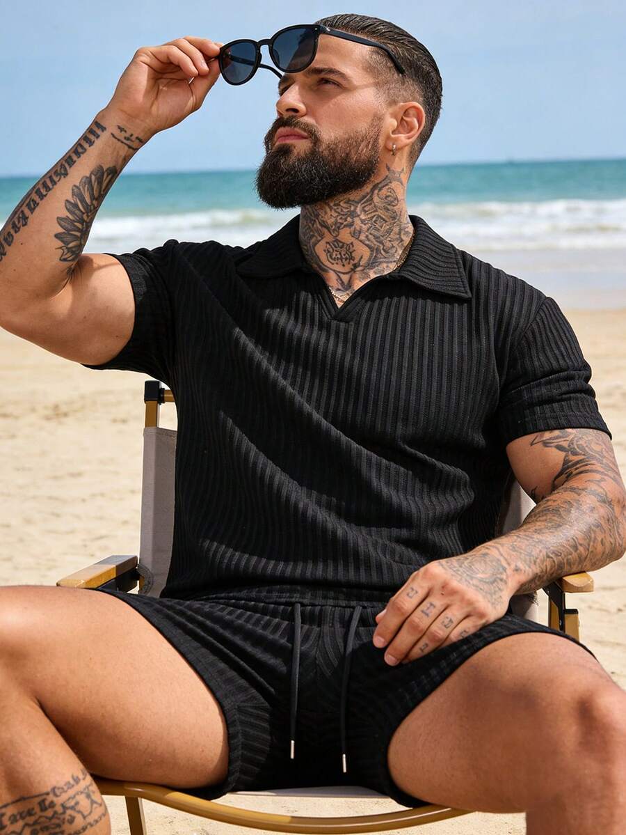 Men's Summer Striped Texture POLO Suit, Breathable Short-Sleeved Shorts For Leisure Vacation. - 黑色 - 查看 1
