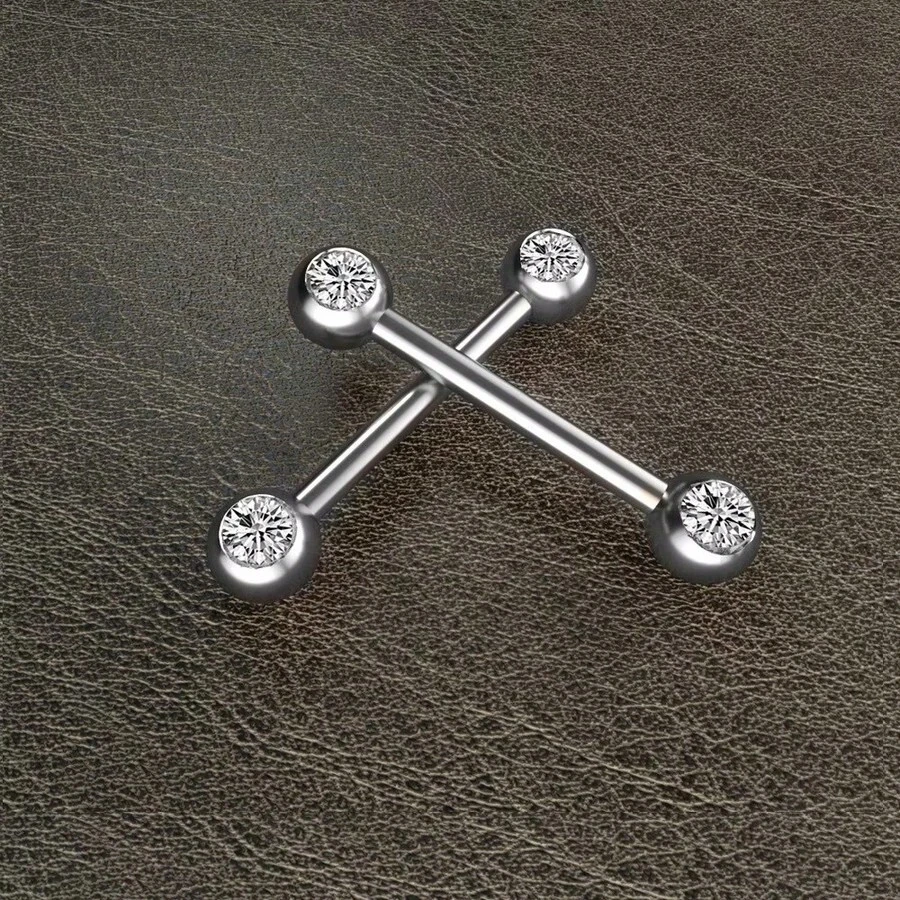 Set Of 2 Stainless Steel Nipple Barbell Piercings With 2 Zirconia Stones, Rhinestones, And Diamonds In Silver - Silver - View 1