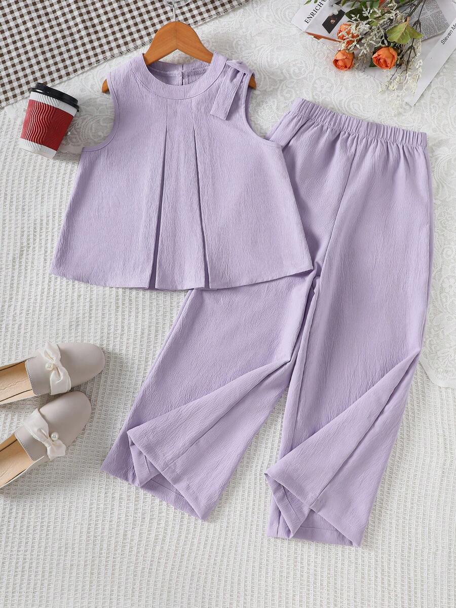 Tween Girls Pleated Sleeveless Top + Wide Leg Pants Casual 2 Pieces Set, Spring/Summer - Purple - View 1