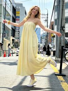 Women's Spaghetti Strap Flowy Dress, Summer Vacation Strap Dress - Yellow - View 4