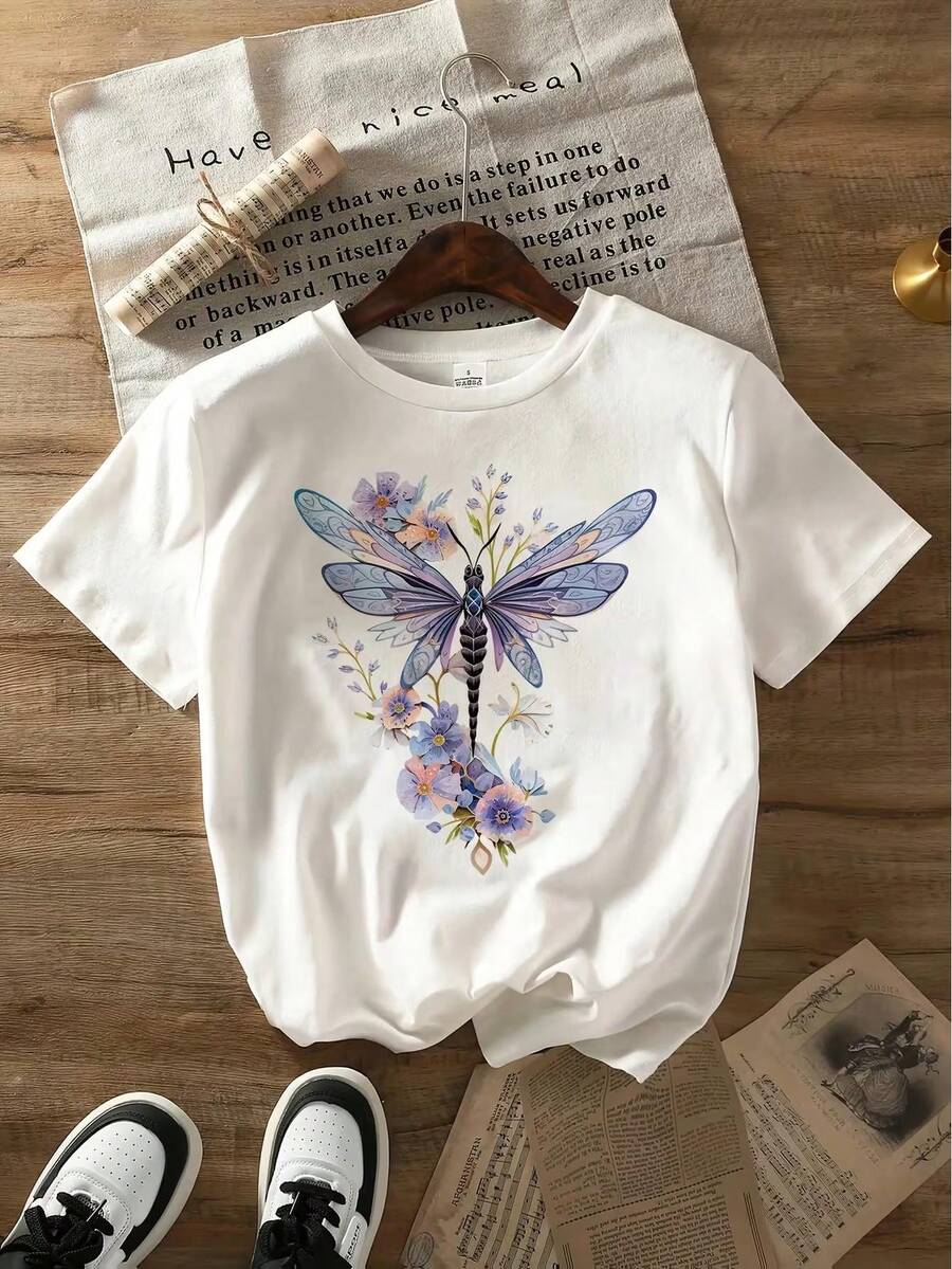 Camiseta casual de manga corta para mujer - Estampado floral y de libélula, cuello redondo, tela semitransparente transpirable con bloques de color en contraste, ajuste regular silueta H para verano y uso en toda estación, moda para toda estación, tela de elasticidad media - Blanco - Ver 1