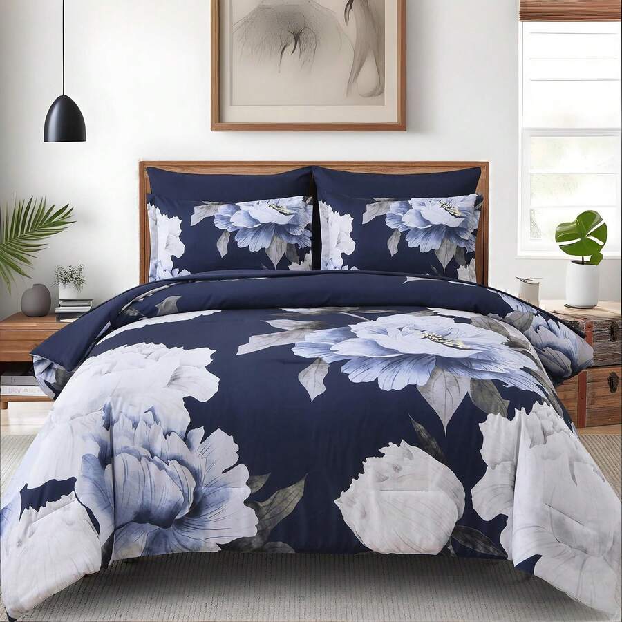7 Piece Navy Blue Floral Comforter Set Full/Queen/King Size Bed In A Bag,Flowers Printed On Light Comforter Set With Sheets, Soft Microfiber Botanical Bedding Set For Wedding Items,Home Bed Room Decor,Easter Gifts,Mothers Day Gift,All Season - 海軍藍-1115 - 查看 1