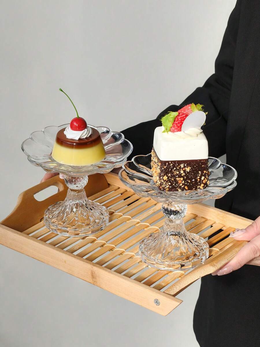 1pc Petal-Shaped Glass Dessert Plate, High Stem Cake Stand, Glass Cup, Can Be Used As Baking And Pastry Utensils, Holding Desserts, Snacks, Cake Tray - Multicolor - View 1