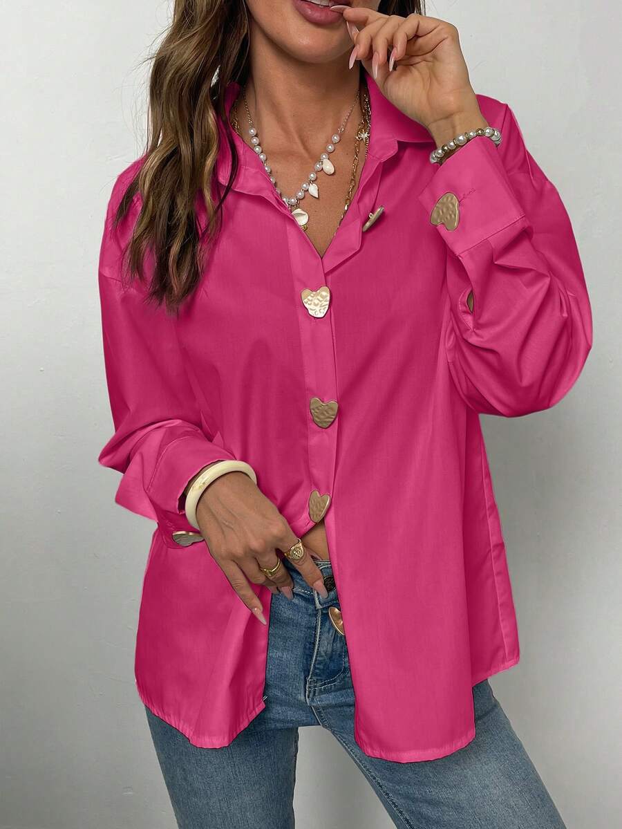Plus Size Women's Spring Fashion Elegant Commuter Solid Color Versatile Heart-Shaped Metal Buckle Long Sleeve Blouse, Suitable For Women's Valentines Day Date, Office Wear
