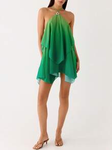 Women Ruffle Halter Neck Mini Dress Sheer Mesh Layered Open Back Dress Y2K Tiered Tie Back Going Out Dresses - 綠色 - 查看 6