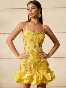 1pc Printed Elegant Dress With Embroidered Ruffle Hem, Lace Trim And Mesh Inserts, Suitable For Wedding, Formal Event, Date, Vacation, Party, Spring/Summer, Color: Yellow - Yellow - View 3