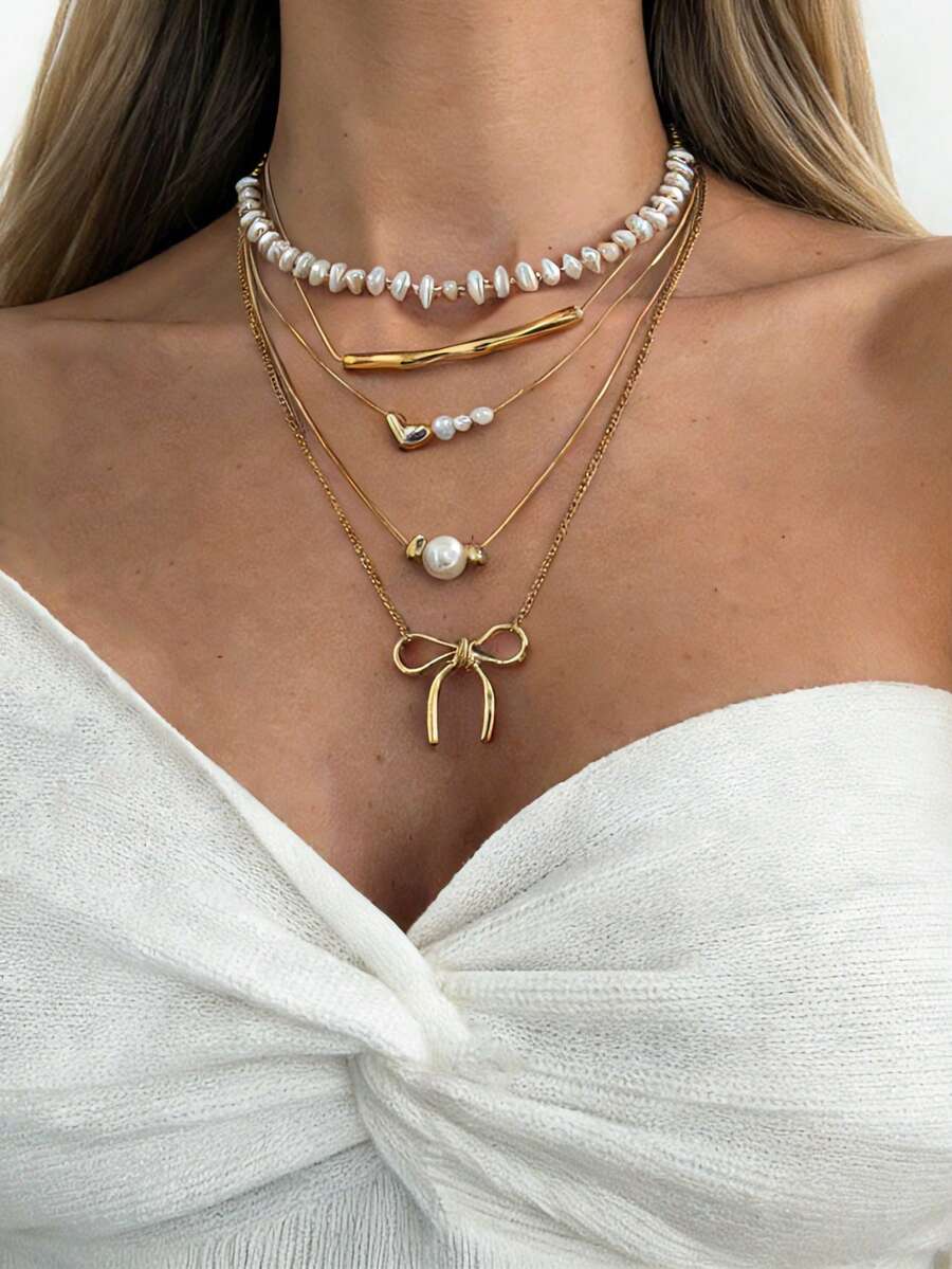 5件套可爱蝴蝶吊坠项链，巴洛克风格仿珍珠多层颈链，适合女士派对、宴会、约会、节日、礼品 - 金色 - 查看 1