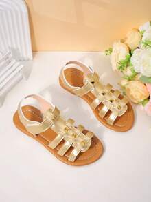 Sandalias romanas doradas para niñas - Moda de verano, versátil y casual, sandalias planas, zapatos cómodos para vacaciones en la playa - Dorado - Ver 8
