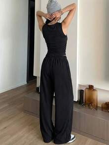 Bộ đồ nữ phong cách đường phố retro 2 món - Áo crop top đen in họa tiết NY và quần ống rộng có dây rút ở eo và túi, thích hợp cho mùa hè. - màu đen - Xem 6