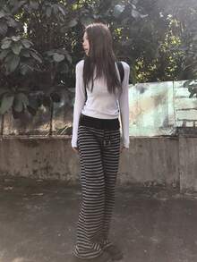 Japanese Style Colorblock Striped Patchwork Lace-Up Soft Comfortable Casual Pants Spring - Grey - View 11
