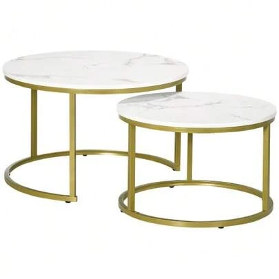 Set Of 2 Round Coffee Tables, With Gold Steel Frame, Stackable, Marble Look, For Living Room, Maximum Load 30 Kg, White.