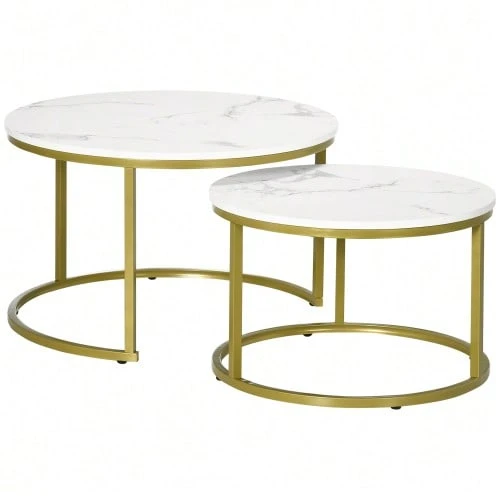 Set Of 2 Round Coffee Tables, With Gold Steel Frame, Stackable, Marble Look, For Living Room, Maximum Load 30 Kg, White. - White - View 1