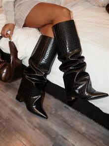 Shark Boots Women's Knee High Boots Fold Over Boots Slouchy Chunky High Heels Shoes Wide Calf Pointed Toe Shoes - 黑色石頭紋 - 查看 4