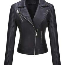 Women's PU Leather Jacket, Simple Versatile Casual Short PU Leather Biker Jacket - 黑色 - 查看 1