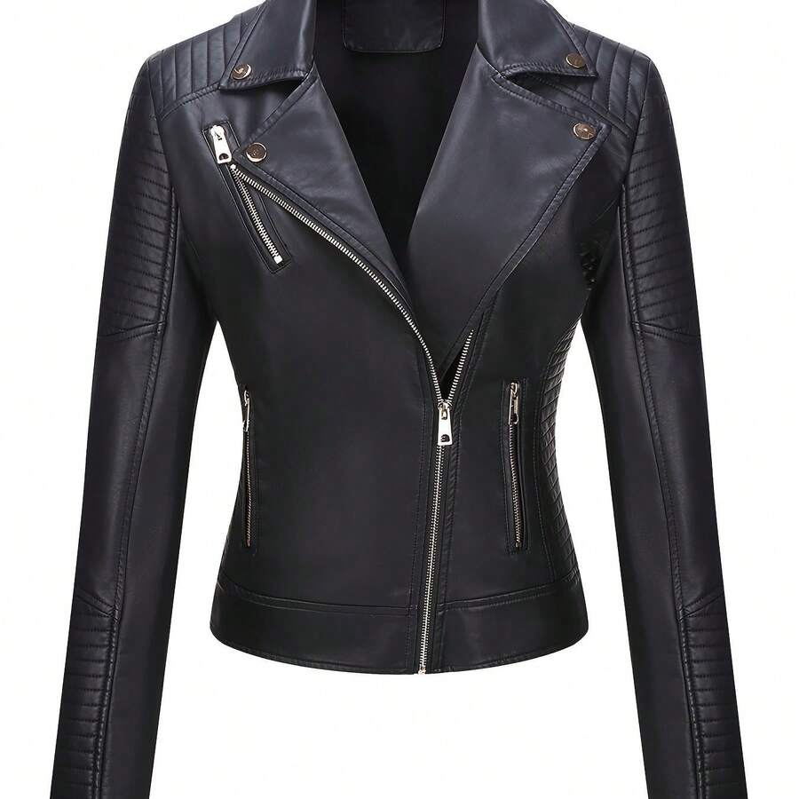 Women's PU Leather Jacket, Simple Versatile Casual Short PU Leather Biker Jacket - 黑色 - 查看 1