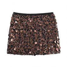 Sexy Shiny Sequin Mini Skirt, Fashionable Yellow Party Bodycon High Waist Party Skirt For Women Summer - Brown - View 5