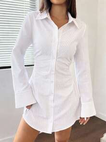 Striped Waist Pleated Slim Fit Long Sleeve Shirt Dress, Fashionable Minimalist Casual Dress For Commuting, Spring/Autumn, Suitable For Holidays, Graduation Season, Back To School, Dates - White - View 2
