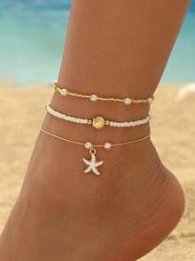 3pcs/Set Fashionable Versatile Glass Beaded Handmade Anklet, Ocean Style Starfish Pendant, Romantic Beach Vacation Jewelry Accessory For Women - Multicolor - View 1