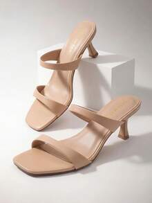 Women Kitten Heel Mule Sandals Square Open Toe Two Strap Slip-On Low Heeled Sandals Casual Summer Mules Shoes - Màu be - Xem 1