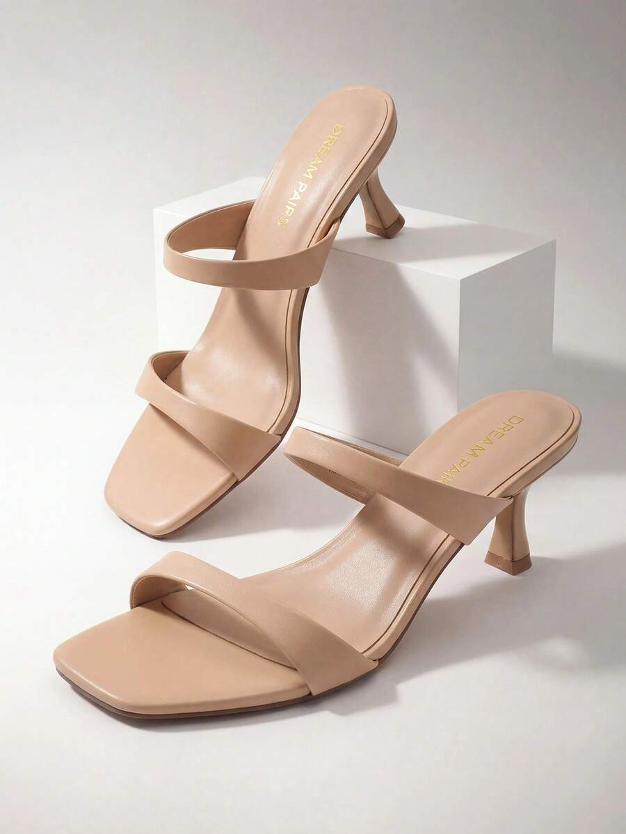 Women Kitten Heel Mule Sandals Square Open Toe Two Strap Slip-On Low Heeled Sandals Casual Summer Mules Shoes - Màu be - Xem 1