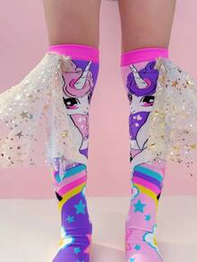1双儿童过膝袜，色彩缤纷的酷炫小马图案，饰有3D翅膀，四季皆宜，趣味十足，适合狂欢节、派对、音乐节、母亲节、假期、毕业季、返校季、婚礼、角色扮演、户外活动和日常穿着——绝佳的礼物之选 - 淺粉色 - 查看 8
