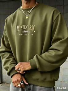 Men Letter Graphic Sweatshirt-Fall/Winter Casual Vintage Style Unisex Relaxed Fit Cotton Blend Long-Sleeve Crewneck Sweatshirtcomfortable And Breathable - 橄欖綠 - 查看 3