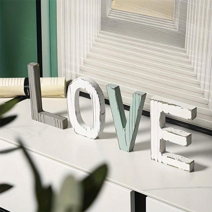 1pc Wooden Love Letter Decor, Rustic Tabletop Decoration - 1PC - View 1