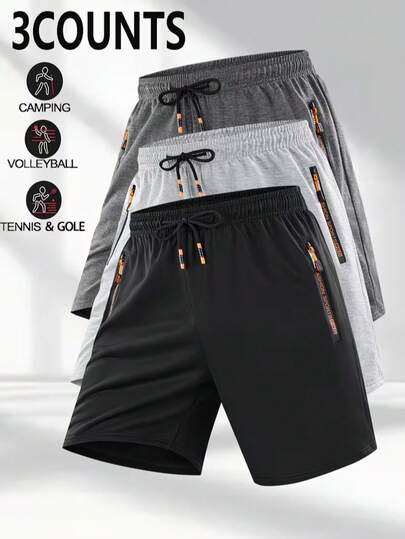 3pcs Men's Fashion Printed Zipper Pocket Casual 5-Inch Sports Shorts, Lightweight Quick-Dry Athletic Shorts, Suitable For Summer Outdoor Running, Sports, Fitness Training