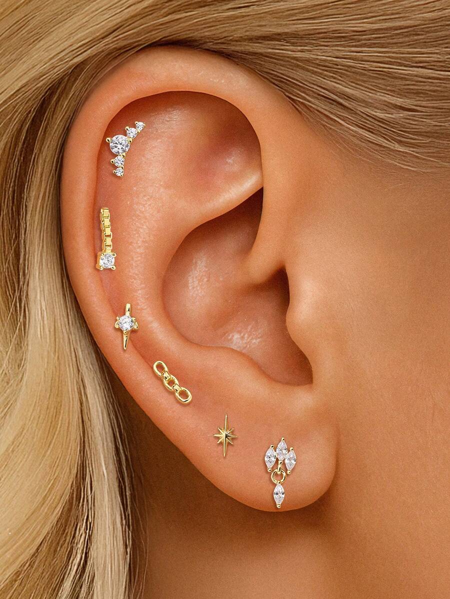 1Pc 925 Sterling Silver Minimalist Chain Zirconia Stud Earring Flat Back Cartilage Helix Piercing Suitable For Women'S Daily Wear, Dates, Vacations, Weddings, Parties, Holiday Gifts - Gold - View 1