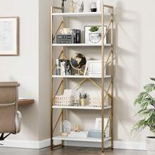 Vongrasig 5 Tier Bookshelf, Free Standing Bookcase Organizer Farmhouse Kitchen Ladder Shelves Rustic Wood Open Shelves Metal Frame, Vintage Storage Display Rack For Living Room, Bedroom Home Office - 白色+金色 - 查看 8