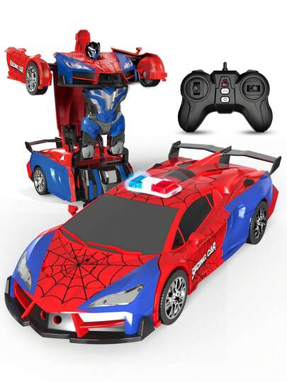 1 stuk 2,4 GHz op afstand bestuurbare transformeerbare auto-robot, 1:18 schaal spin RC-auto met 360° draaiende LED-verlichting, 2-in-1 speelgoedrobot met transformatie met één druk op de knop, automatische demonstratieauto, elektrische spin-raceauto, ideaal kerst-, Halloween-, Pasen-, Thanksgiving-, verjaardags- en nieuwjaarscadeau voor jongens en meisjes van 3-9 jaar.