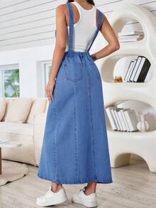 Women's Loose Wide Leg Denim Dress With Non Elastic Front Pocket, Adjustable Lace Up, Casual Loose Denim Shoulder Strap Skirt - Rửa trung bình - Xem 8