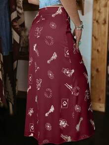 Acelitt Falda ajustada de satén con estampado de caballo salvaje estilo occidental en color rosa, ideal para vacaciones en cualquier época del año - Burdeos - Ver 2