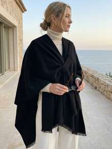 1pc Minimalist Solid Color Faux Cashmere Fringe Design Warm Shawl, Women Casual Soft Outerwear Accessory, Suitable For Autumn/Winter, Daily Wear, Commute, Office, Holiday Gift - Black - View 5