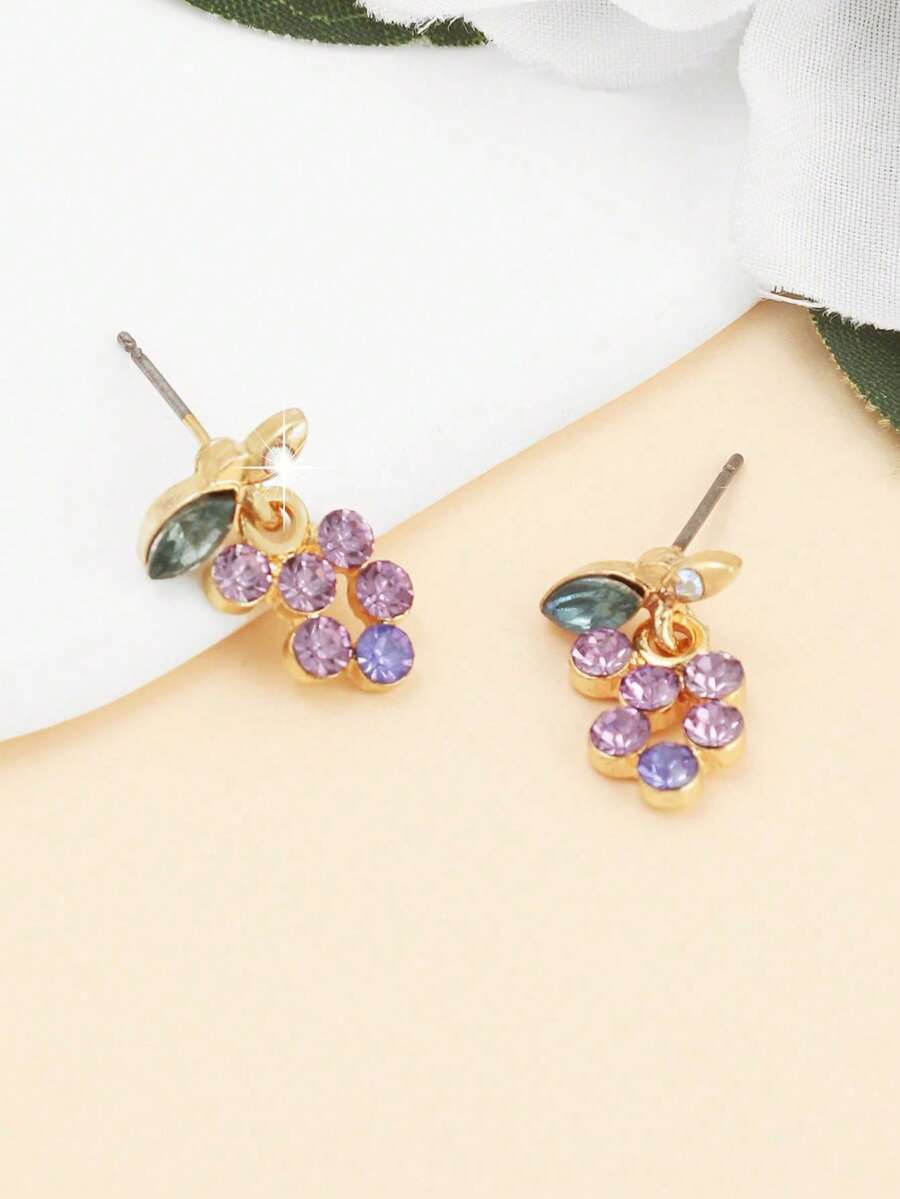 1 Pair Petite Elegant Crystal Grape Stud Earrings, Suitable For Daily Wear, Sweet & Versatile - Multicolor - View 1