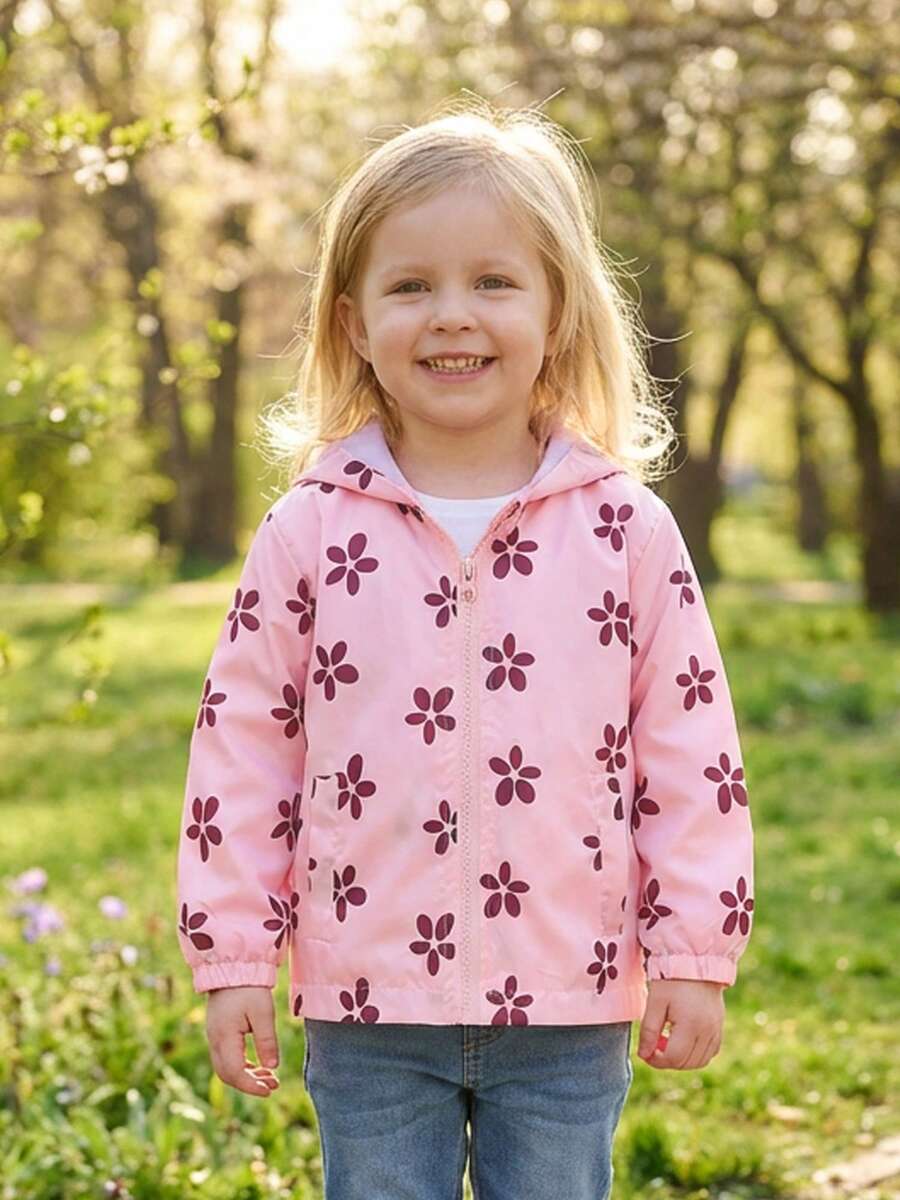 Toddler Girls 1-8Y Pink Floral Print Hooded Windbreaker Jacket Full Zip Lightweight Outdoor Casual Daily Coat For Spring Fall - 粉色 - 查看 1