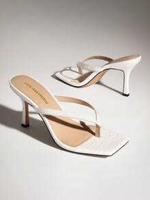 Women Backless Kitten Heel Sandals, Versatile Stilettos Thong Sandals Fashion Square Toe Wide Strap Slide Sandals For Formal, Party, Work & Daily Wear - trắng - Xem 1