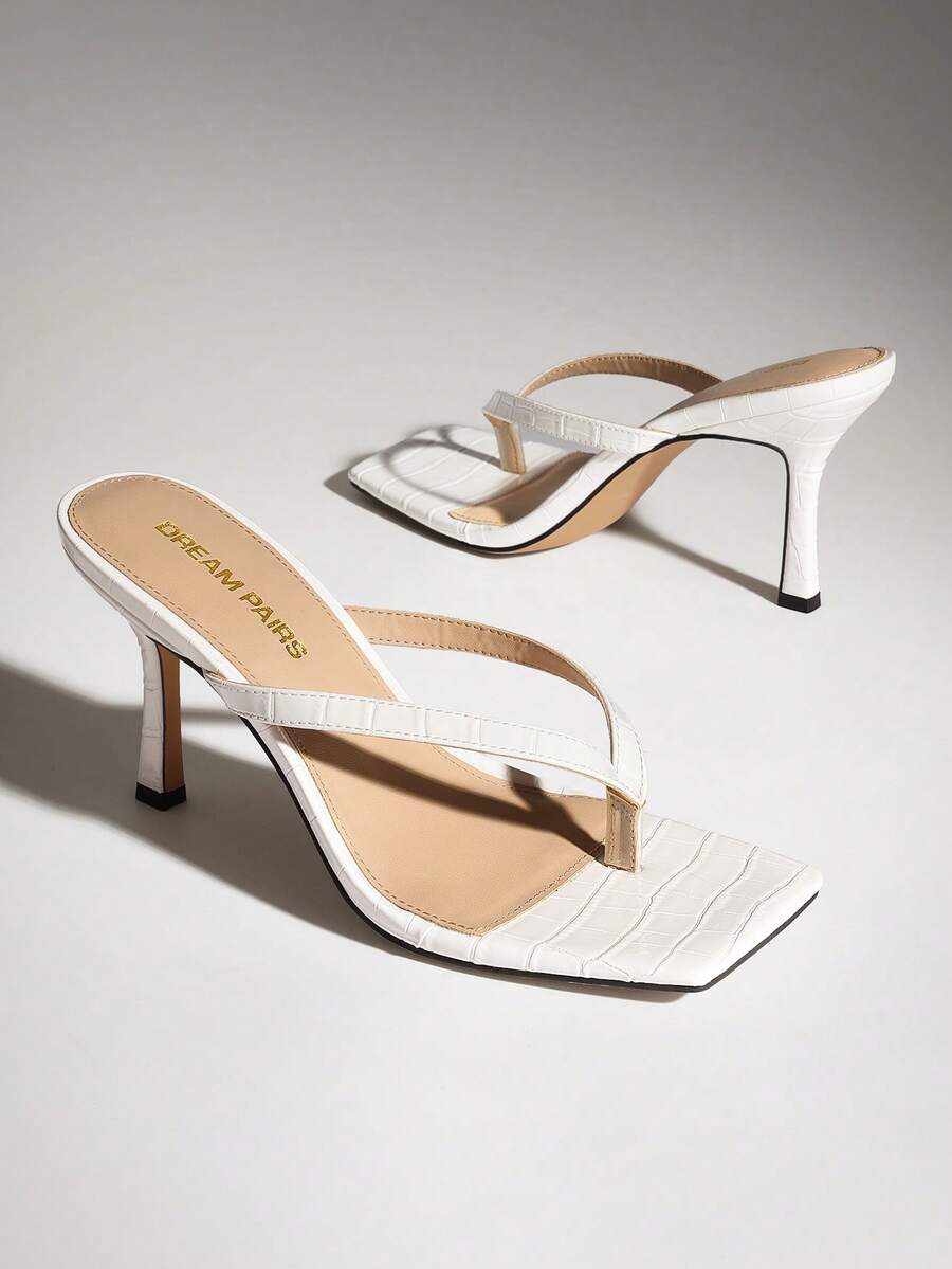 Women Backless Kitten Heel Sandals, Versatile Stilettos Thong Sandals Fashion Square Toe Wide Strap Slide Sandals For Formal, Party, Work & Daily Wear - trắng - Xem 1