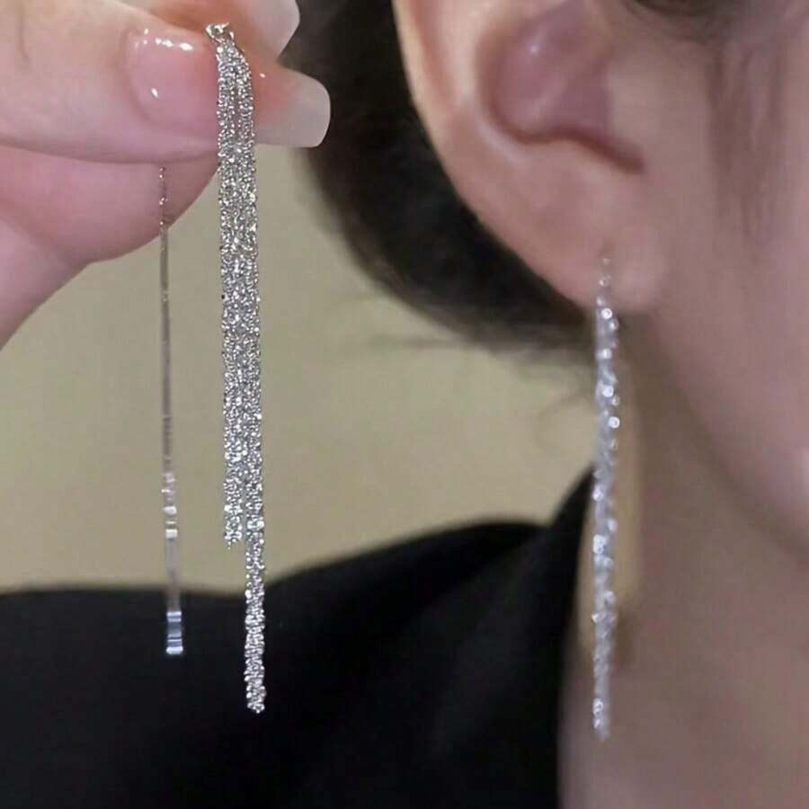 1 Pair Of Fashionable Sparkling Long Tassel Ear Cords - Elegant Slimming High-Quality Earrings For Festive Gift Giving - 銀色 - 查看 1