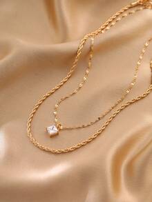 2pcs Square Zirconia Pendant Necklace & Twisted Chain Necklace Set For Women - Yellow Gold - View 6
