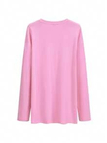 Women's Elegant New Year Round Neck Street Style Asymmetrical Hem Loose Long Sleeve T-Shirt With Side Slit, Spring/Autumn - 049 Pink - View 5
