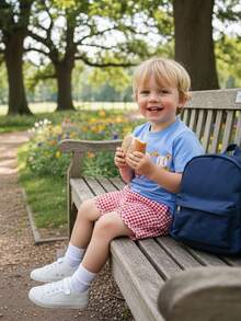 Toddler Baby Boy Summer Outfits Letter Baseball/Football /Rugby Embroidery Short Sleeve T Shirt And Plaid Shorts 2 Pcs Set, Toddler Baby Boy Football Clothing Set, - 藍色 - 查看 6