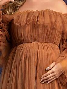 Faeriesty Elegant Maternity Plus Size Soft Brown Off-Shoulder Bell Sleeve Maxi Party Gown | Sheer Mesh & Tulle Fabric, Ruffle Detailing At Neckline Spring - Rust Brown - View 7