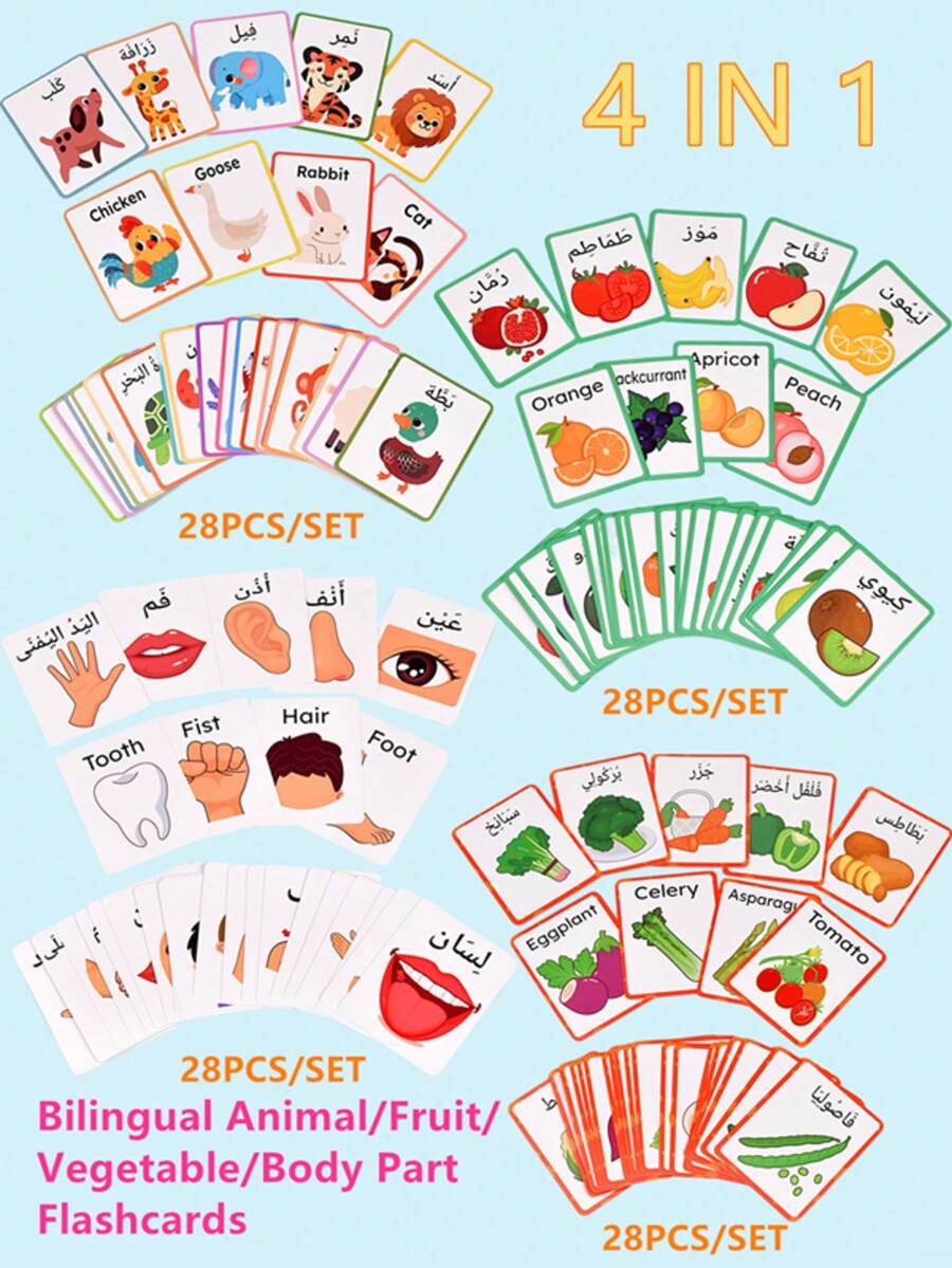 Bilingual Flashcards For Animals/Fruits/Vegetables/Body Parts, Arabic Vocabulary Learning Cards, English Animal Vocabulary Cards, Fruit & Vegetable Recognition Cards, School Learning Aids, Arabic-English Body Part Learning Cards, Suitable As Back-To-School Gifts, Early Learning Gifts