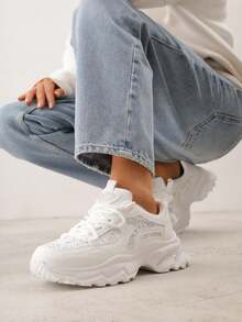 Thick Sole Sneakers With Lace Inserts And Rhinestones - White - View 1