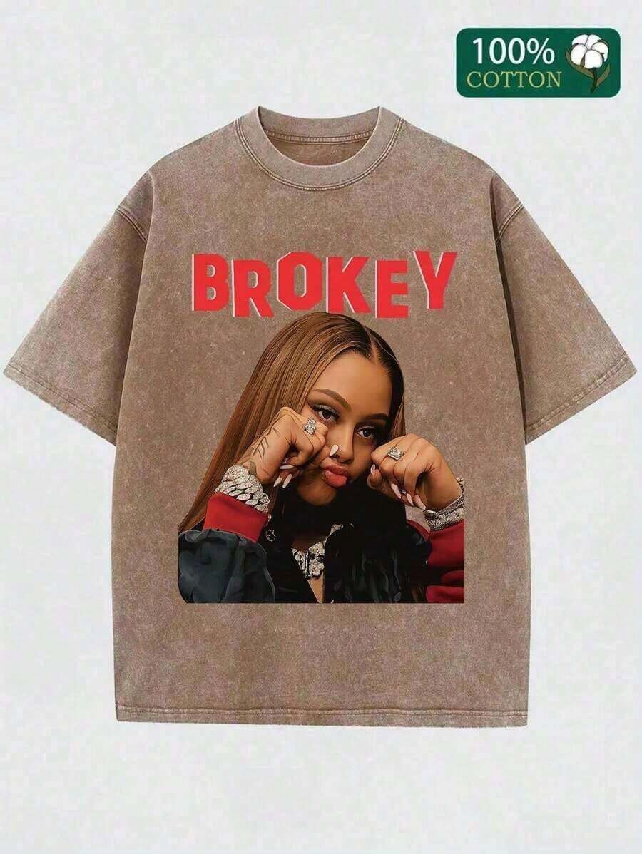 Camiseta gráfica "BROKEY" - 100% algodón, ligera 230g, estilo casual hip-hop, camiseta de cuello redondo de manga corta, lavable a máquina, muy adecuada para el verano EMO1 - Marrón - Ver 1
